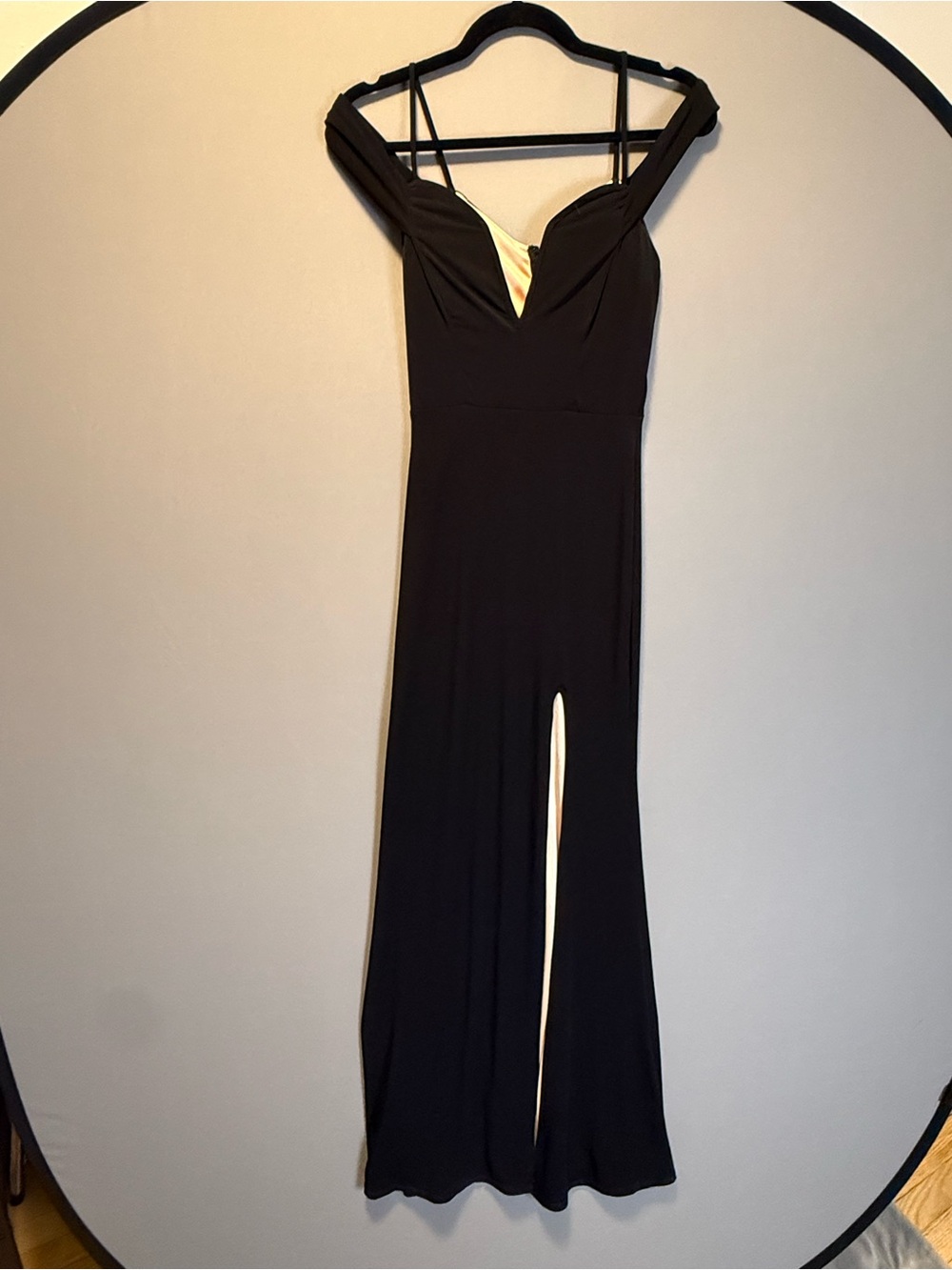 City Studio Formal Black Off-Shoulder Maxi Dress with High Front Slit